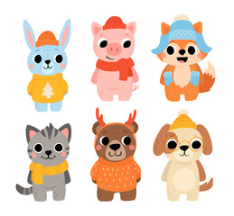 Cute wild and domestic animals set in winter clothes, including brown bear, cat, dog, pig, fox, and rabbit. Cartoon kids illustration with hats and sweaters.
