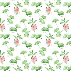 Floral pattern with rose flowers and green leaves on a white background, hand painted in watercolor.