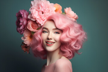 Naklejka premium Smiling girl with baroque wig with flowers. Generative AI. 