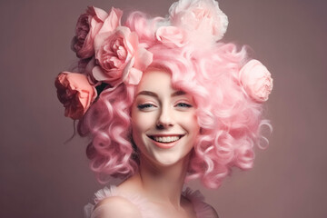 Smiling girl with baroque wig with flowers. Generative AI.  - obrazy, fototapety, plakaty