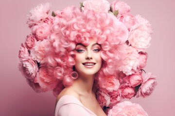 Naklejka premium Smiling girl with baroque wig with flowers. Generative AI. 