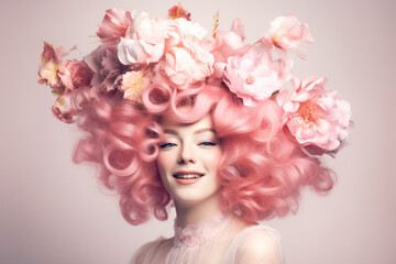 Naklejka premium Smiling girl with baroque wig with flowers. Generative AI. 