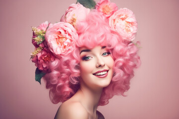 Smiling girl with baroque wig with flowers. Generative AI. 