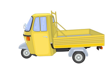 Three-wheeled vehicle. Delivery yellow tricycle car. Retro motorbike for cargo transportation. Vintage small truck.Tiny lorry.City shipping or transporter service.Compact urban van.Vector illustration