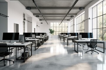 High end office environment with concrete floors, white walls, and rows of computer desks. a mockup. Generative AI