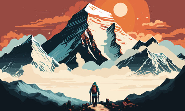 Climber in the mountains at sunset. Vector illustration in flat style.