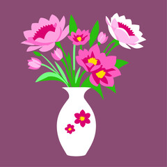 pink and white vase with pink flowers on a pink background