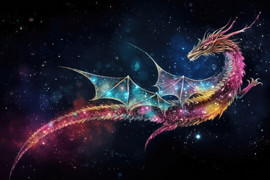 Colored dragon flew in galaxy, generative AI