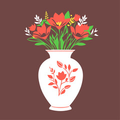 white vase with a pattern vase with colored flowers