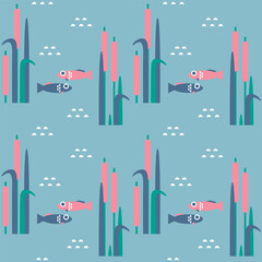 Seamless pattern with fish in the reeds on the lake for printing on textiles and packaging. Natural vegetation in flat graphic geometric style. Concept illustration about fishing. Camping.