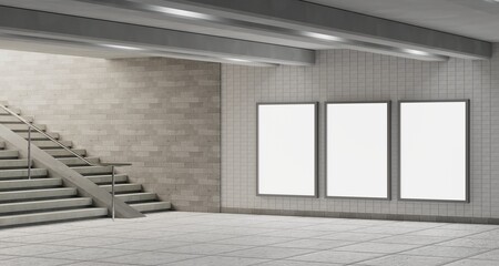 Empty white three mock up billboard frame in underground hall with stairs  in metro station. Commercial ad concept. 3D Rendering. High resolution.