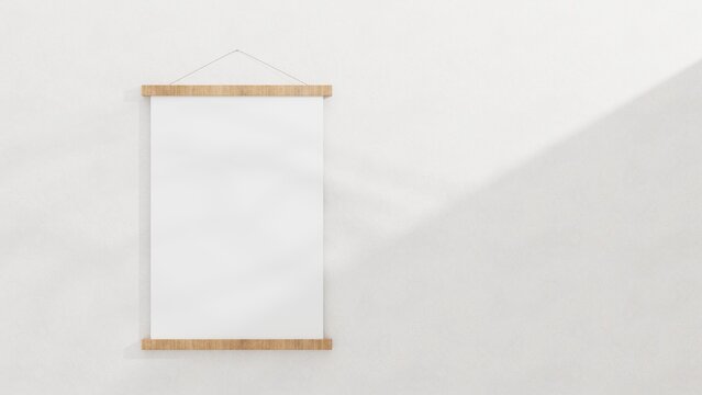 Blank wooden picture frame hanging on beige wall. Empty poster mockup for art display in sunlight.Palm leaves shadow overlay. Summer design. Copy space. No people. 3d rendering High resolution