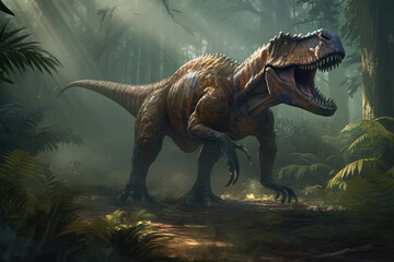 Extremely detailed and realistic illustration of dinosaur, t rex hunting in prehistoric jungle, generative AI