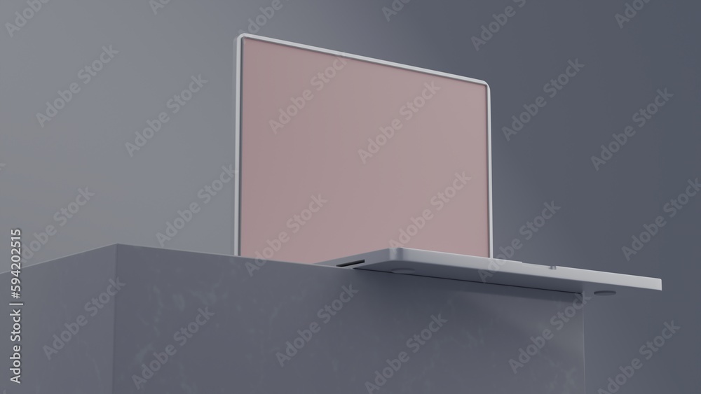 Poster close up of empty white laptop display on marble podium. tech presentation and device concept. mock 