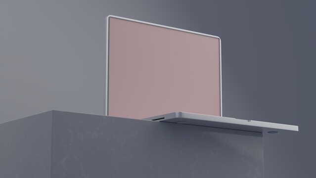 Close up of empty white laptop display on marble podium. Tech presentation and device concept. Mock up, 3D Rendering.