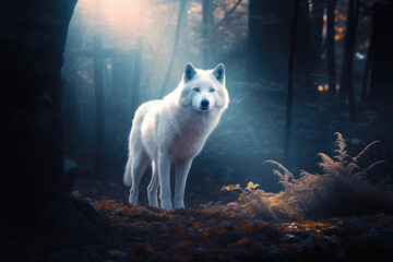 glowing white wolf in a fantasy forest, generative AI