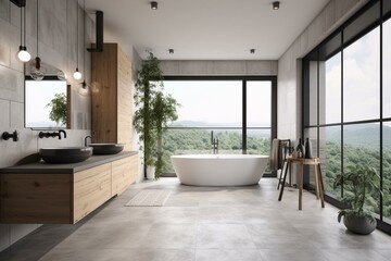 Fototapeta na wymiar Modern contemporary loft bathroom 3d render.there are concrete tile floor, white wall and wood plank ceiling ,There are large windows look out to see the nature view. Generative AI