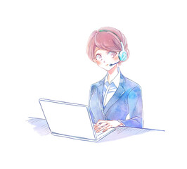 コールセンターの仕事をする女性　こちら