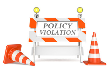 Policy violation sign on barricade and traffic cones - obrazy, fototapety, plakaty