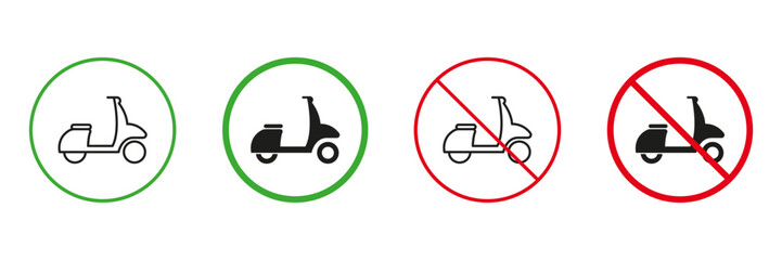 Moped Delivery Red and Green Road Warning Signs. Scooter Permit and Not Allowed Transportation Traffic Signs. Fast Motorcycle, Motor Bike Line and Silhouette Icons Set. Isolated Vector Illustration