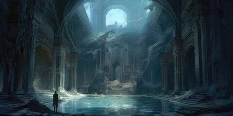 Concept art, fantasy world, majestic ancient ruins, digital illustrations, backgrounds, game space, AI generated