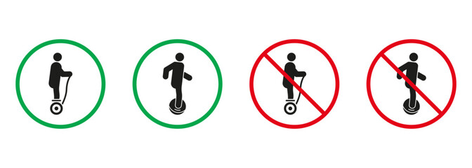 Gyro Scooter, Monowheel Silhouette Icons Set. Allowed and Prohibited Danger Transport Pictogram. Electric Unicycle Hoverboard Gyroscooter Red and Green Signs. Isolated Vector Illustration © Toxa2x2