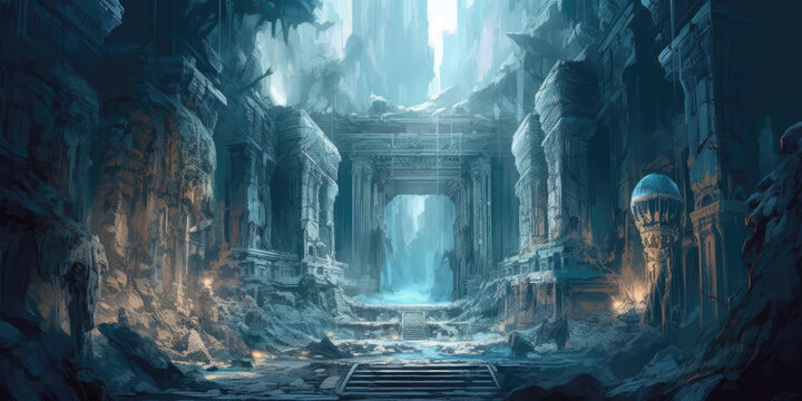 Concept art, fantasy world, majestic ancient ruins, digital illustrations, backgrounds, game space, AI generated