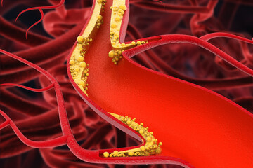 Cholesterol blocked artery. The accumulation of cholesterol in the blood vessels. 3d illustration - obrazy, fototapety, plakaty