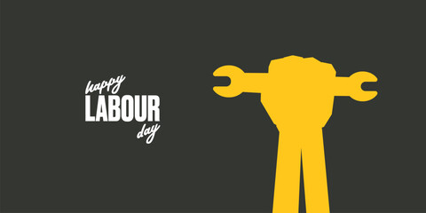 Vector silhouette of red clenched fist holding wrench isolated on grey background. Labour day and international workers day poster, label, greeting card with hand. 1 may logo design template