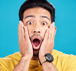 Surprised, wow and portrait of shocked man face or emoji reaction to an announcement isolated in a...
