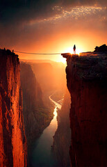 Generative AI illustration distant silhouette of traveler standing on top of rocky cliff with thin bridge above river at sunset time