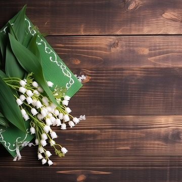 Lily of the valley bouquet on wooden background. Promotion and shopping template for Labor Day