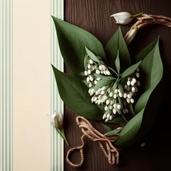 Poster Lily of the valley bouquet on wooden background. Promotion and shopping template for Labor Day © Creatizen