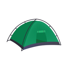 Concept Camping tent. This illustration is a flat, vector, and cartoon design of a camping green tent on a white background. Vector illustration.