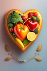 Anatomically correct heart as a sculpture of fruits vegan. Heart shape by various vegetables and fruits. Healthy food concept 3D style