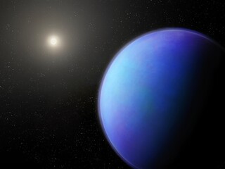 Alien planet with star in deep space, cosmic landscape. Earth-like exoplanet near the sun.