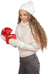 Beautiful young woman holding christmas gift on white background