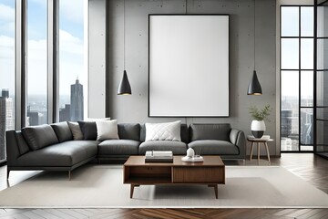 Fototapeta premium blank frame mockup on grey wall in a room with a chair, generative ai