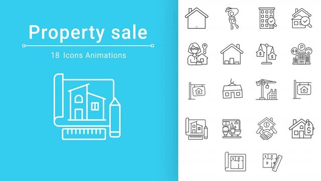 Property sale linear animation set. Real estate business. Home purchase. Homeownership. Realtor services. Seamless loop HD video with alpha channel on transparent background. Animated outline icons