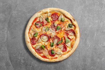 Pizza with meat and sausages