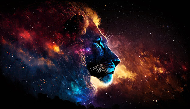 Lion in fire cosmic space. gnerative ai.