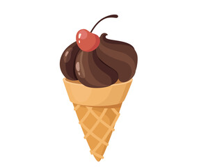 Concept Ice-cream dessert sweet. This illustration is a flat vector design of a chocolate ice cream in a horn, presented as a dessert. Vector illustration.