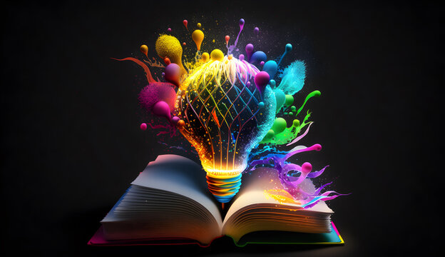 Colorful neon idea light bulb with reading book colorful exploding glowing illustrations generative aI