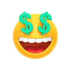 Dollar eyes emoticon. Rich emoji isolated on white. Clipping path included