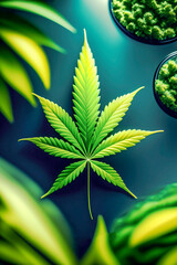 Fresh Marijuana leaf against blue background