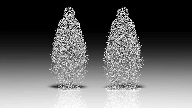 Male and Female figures fall apart.
Stylized man and woman made from particles which fall to the ground.