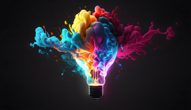 Colorful neon idea light bulb with hand colorful exploding glowing illustrations generative aI