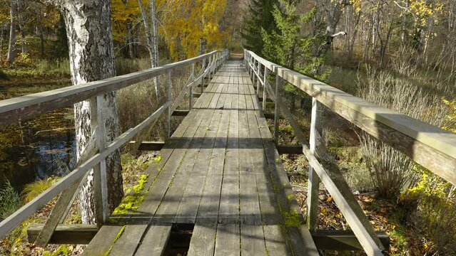 Walkthrough of the small wooden bridge across the river inside the forest in Estonia