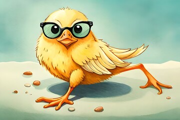 close up funny yellow chick with black glasses on her eyes. Generative AI