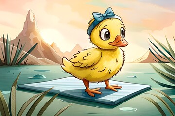a cute yellow duckling with a blue headband is exercising in nature on a blue mat. Generative AI